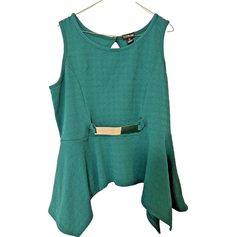 Y2K Blouse Womens 2XL Green Textured Peplum Asymmetrical Hem Gold‎ Accent